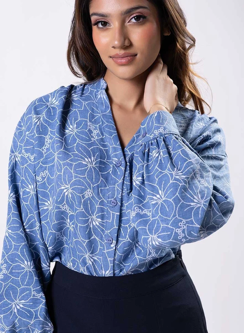 Zigzag V Neck Mandarine Collar Top-Blue